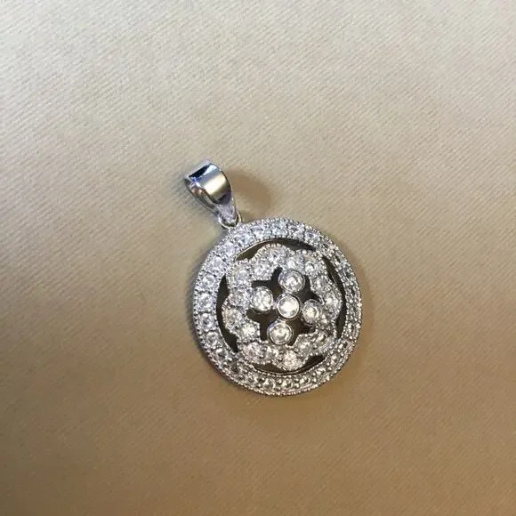 Sterling Silver Round Peony Crystals Pendant - Picture 2 of 6